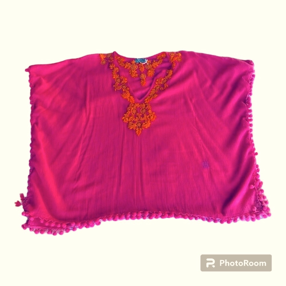 Letarte Beach Barbie Bright Pink Embroidered Swim Cover Up with Pom Poms